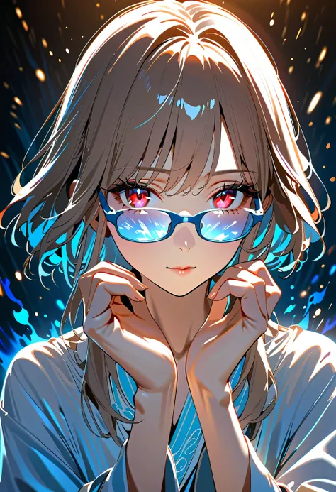 A plain woman putting her hands on glasses on the day the glasses are unsealed Blue Aura An effect where blue particles of light spread around her red eyes light up Aura effects around her