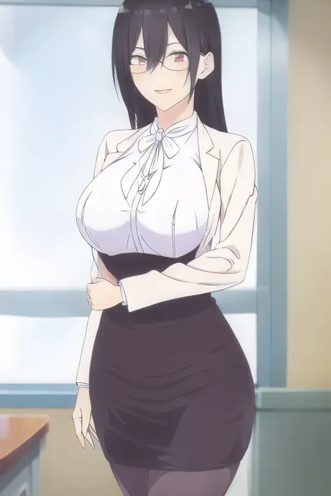 I'm in the classroom，can you draw a woman with her glasses off，don't trim her face because facial expression is a top priority，Look at this woman、Smile Yan，Her breasts are hidden in a costume，big boobs，long black haired woman，black suit，タイトMiniskirt，high h...