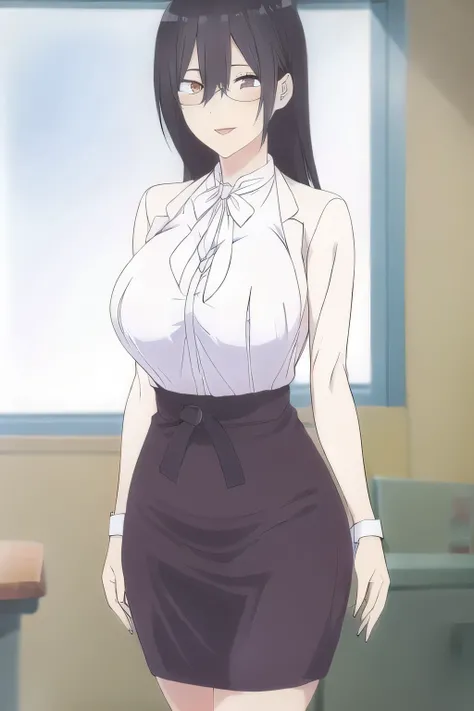 I'm in the classroom，can you draw a woman with her glasses off，don't trim her face because facial expression is a top priority，Look at this woman、Smile Yan，Her breasts are hidden in a costume，big boobs，long black haired woman，black suit，タイトMiniskirt，high h...