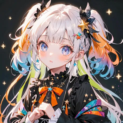 best details、 1 girl,,Blink,(MILKY WHITE AND BLUE GRADIENT HAIR COLOR)、 LIME AND BLUE COLOR PALETTE、( hair color is milky white、The tips of the hair are blue)、 the cutest girl in the world ,(orange neon color star choker 、Ruffles on the collar 、 Wear a c...