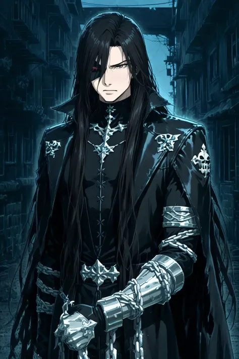 ikemenboys, solo, Anime style mysterious and stylish young man ,black long hair that covers one eye, his visible eye glowing with a deep amber hue, wearing a sleek and dark outfit reminiscent of a reaper—flowing black coat with tattered edges, silver accen...