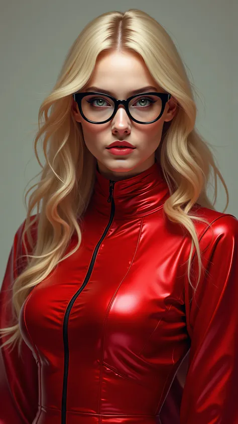 Beautiful blonde girl in high definition、Oil Enamel、beautiful woman、black rimmed glasses、彼女の魔法のような赤い衣装を身にまとっています♪まるでbeautiful woman。Witch image photo。It's magic