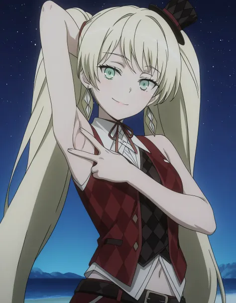 ladylee tangleroad, long hair, blonde hair, twintails, green eyes, anime screencap, hat, navel, jewelry, earrings, vest, mini hat, top hat, belt, shirt, sleeveless, ribbon, white shirt, collared shirt, neck ribbon, checkered clothes, high quality, closed m...