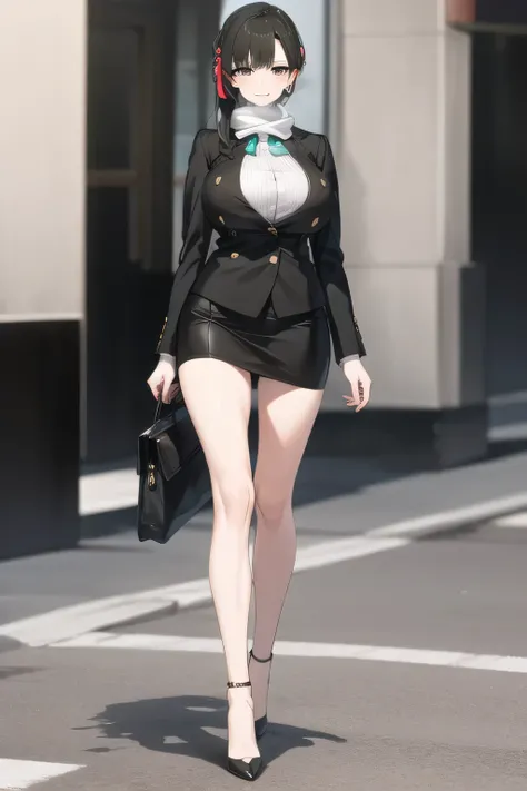 A woman with a lovely smile， Black Haired Woman，Please draw more delicately，,business suit，tight miniskirt，uniform ,white scarf，high heels，,表情を最優先するのでFaces are very importantトリミングしないでください，,，爆big breastsをさらに爆big breastsに描いて下さい，，Walking Alone， expressions on...