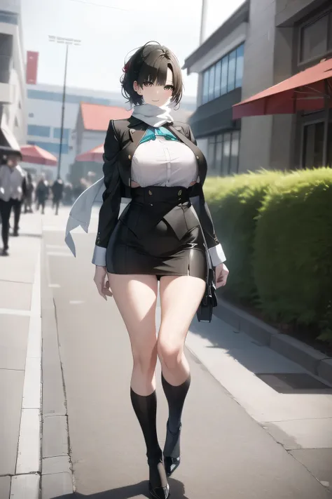 A woman with a lovely smile， Black Haired Woman，Please draw more delicately，,business suit，tight miniskirt，uniform ,white scarf，high heels，,表情を最優先するのでFaces are very importantトリミングしないでください，,，爆big breastsをさらに爆big breastsに描いて下さい，，Walking Alone， expressions on...