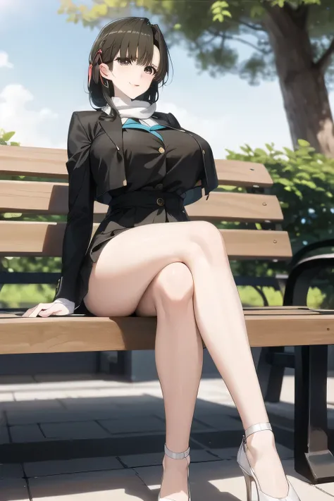 A woman with a lovely smile， Black Haired Woman，Please draw more delicately，Can you draw them sitting on a bench in a park with a forest and relaxing？，,business suit，tight miniskirt，uniform ,white scarf，high heels，,表情を最優先するのでFaces are very importantトリミングしな...