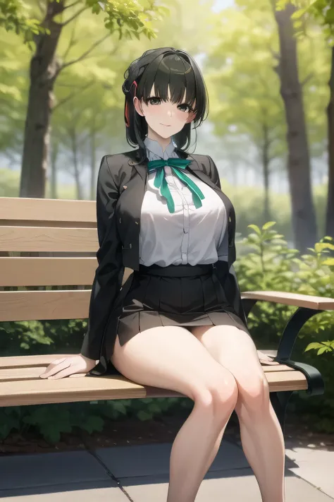 A woman with a lovely smile, Black Haired Woman,Please draw more delicately,Can you draw them sitting on a bench in a park with a forest and relaxing??,,business suit,tight miniskirt,uniform ,white scarf,high heels,,表情を最優先するのでFaces are very importantトリミングし...