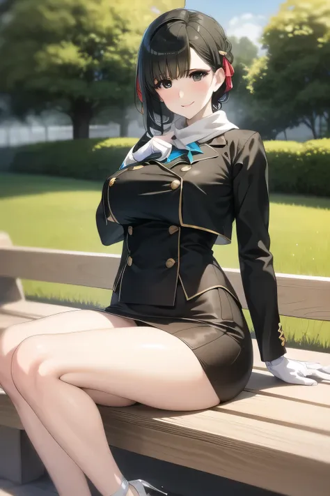 A woman with a lovely smile， Black Haired Woman，Please draw more delicately，Can you draw them sitting on a bench in a park with a forest and relaxing？，,business suit，tight miniskirt，uniform ,white scarf，high heels，,表情を最優先するのでFaces are very importantトリミングしな...