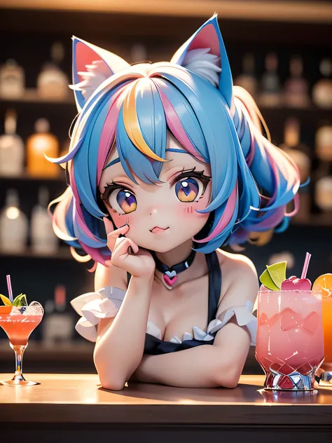 /*Cat ear bar*/,(((Cat ear barテンダーの可愛いらしさを様々Expressed with a heart symbol:1.3))),(((rainbow-colored cocktail glass on the bar counter))),(((Colorful Light Production))),(((Moe Moe on a cocktail glass curse with a pose:1.3))),(((Build a heart shape with you...