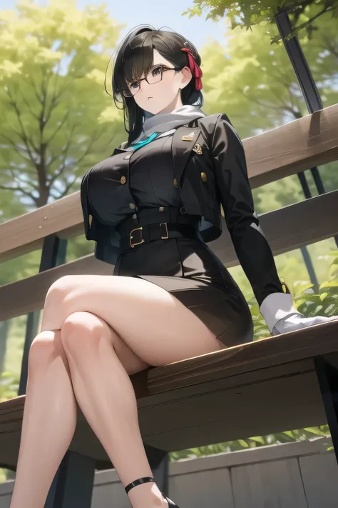 can you draw assassins wearing glasses in disguise，A woman with a sad expression with her glasses off， Black Haired Woman，Please draw more delicately，can you draw them sitting on a bench in a park in the woods and relaxing？？？，,business suit，tight miniskirt...