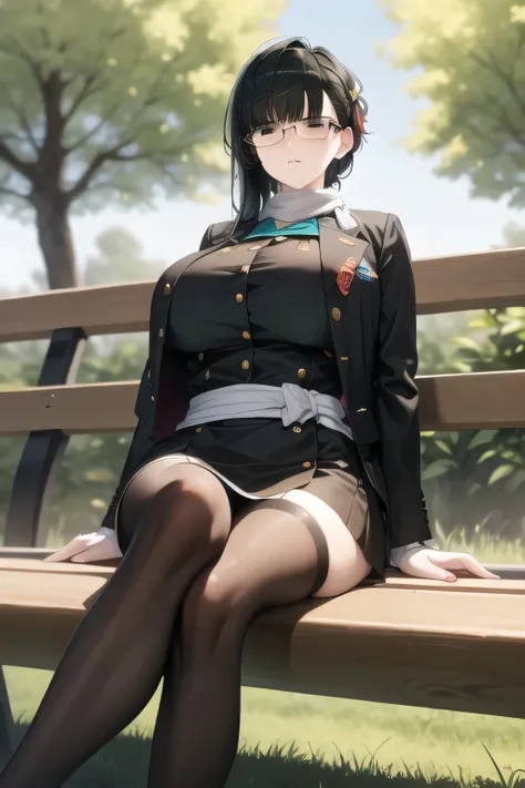 can you draw an assassin wearing glasses in disguise，a woman with a sad expression with her glasses off， Black Haired Woman，Please draw more delicately，can you draw a relaxed figure sitting on a park bench in the woods？？？，,business suit，tight miniskirt，uni...