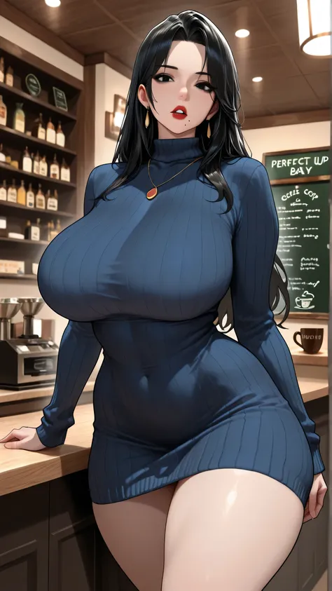 score_9, score_8_up, score_7_up, 1girl, solo, mkhekaren, perfect eyes, perfect face, KJOnush, black hair, long hair, parted bangs, black eyes, mole under mouth, lipstick, mature, thick thighs, huge breasts, perfect attractive curvy slim body, charming beau...