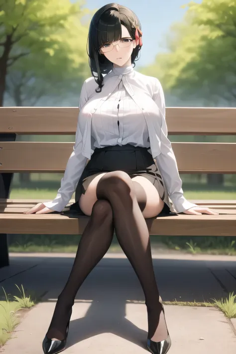 can you write an assassin in disguise wearing glasses，a woman with a sad expression with glasses off， Black Haired Woman，Please draw more delicately，can you draw a relaxed figure sitting on a park bench in the woods？？？，,business suit，tight miniskirt，unifor...
