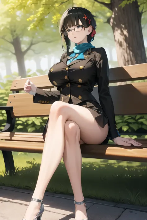 can you write an assassin in disguise wearing glasses，a woman with a sad expression with glasses off， Black Haired Woman，Please draw more delicately，can you draw a relaxed figure sitting on a park bench in the woods？？？，,business suit，tight miniskirt，unifor...
