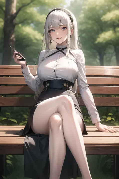 long black haired woman,I'm wearing a white hair band,A woman with a lovely smile,green office lady suit,white blouse,tight miniskirt,high heels,woman relaxing on a park bench in the woods,Facial expression is a top priority so、don't trim my face,can I dra...