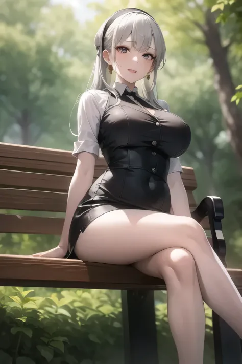 long black haired woman,I'm wearing a white hair band,A woman with a lovely smile,green office lady suit,white blouse,tight miniskirt,high heels,woman relaxing on a park bench in the woods,Facial expression is a top priority so、don't trim my face,can I dra...