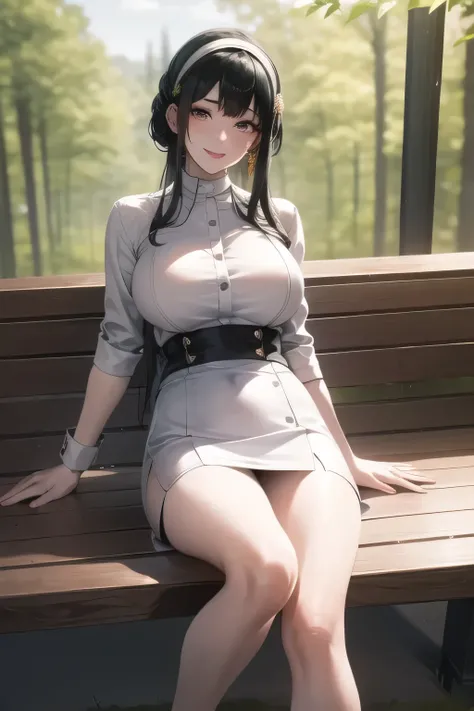 I have my black hair up，Hair accessories，Black Haired Woman，I have a white headband，A woman with a lovely smile，office lady suit，white blouse，tight miniskirt，high heels，A woman relaxing on a park bench in the woods，Facial expression is the most important t...