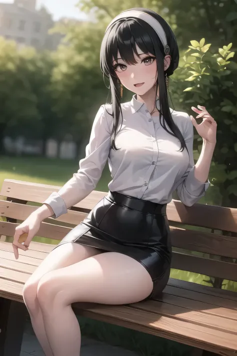 I'm raising my black hair,Hair accesSories,Black Haired Woman,I have a white headband,A woman with a lovely smile,office lady suit,white blouse,tight miniskirt,high heels,A woman relaxing on a park bench in the woods,The expression on my face is the most i...