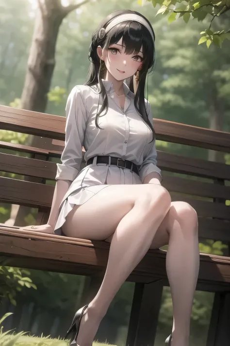 I'm raising my black hair,Hair accesSories,Black Haired Woman,I have a white headband,A woman with a lovely smile,office lady suit,white blouse,tight miniskirt,high heels,A woman relaxing on a park bench in the woods,The expression on my face is the most i...