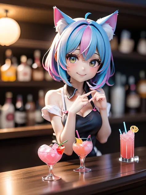 /*Cat ear bar*/,(((Smile Yan))),(((Heart-shaped orb:1.3))),(((Cat ear barテンダーの可愛いらしさを様々image created with a heart orb:1.3))),(((rainbow-colored cocktail glass on the bar counter))),(((Colorful Light Production))),(((a curse with a moe moe kyun pose on a co...