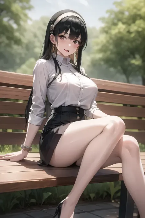 I'm raising my black hair,Hair accesSories,Black Haired Woman,I have a white headband,A woman with a lovely smile,office lady suit,white blouse,tight miniskirt,high heels,woman relaxing on a park bench in the woods,I'm drawing the expression on my face {x}...