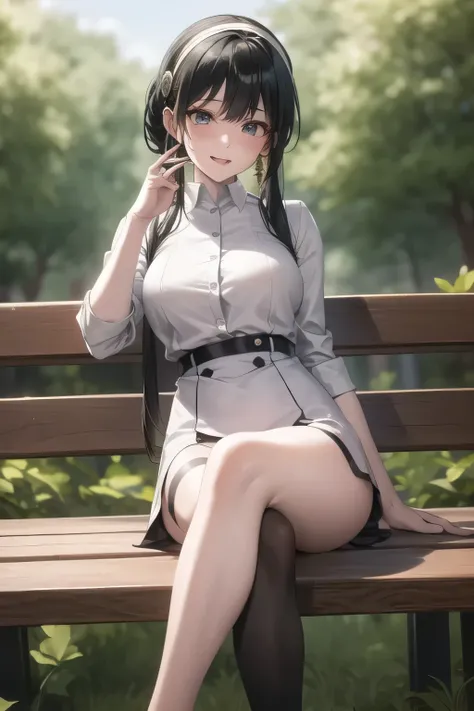 She's growing black hair，Hair accesSories，Black Haired Woman，I have a white headband，A woman with a lovely smile，office lady suit，white blouse，tight miniskirt，high heels，woman relaXing on a park bench in the woods，I'm drawing the eXpression on my face {X} ...