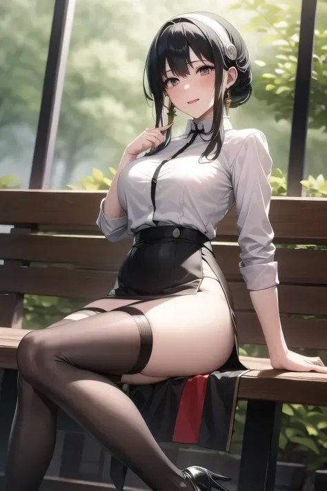 She's growing black hair,Hair accesSories,Black Haired Woman,I have a white headband,A woman with a lovely smile,office lady suit,white blouse,tight miniskirt,high heels,woman relaXing on a park bench in the woods,I'm drawing the eXpression on my face {X} ...