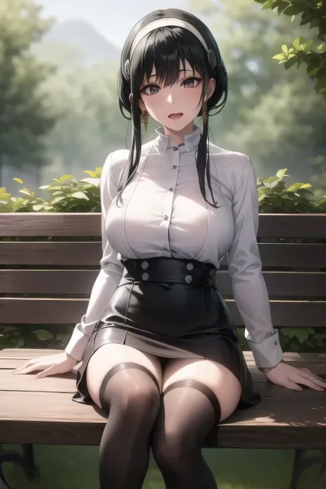 She's growing black hair,Hair accesSories,Black Haired Woman,I have a white headband,A woman with a lovely smile,office lady suit,white blouse,tight miniskirt,high heels,woman relaXing on a park bench in the woods,I'm drawing the eXpression on my face {X} ...