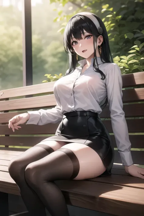 She's growing black hair,Hair accesSories,Black Haired Woman,I have a white headband,A woman with a lovely smile,office lady suit,white blouse,tight miniskirt,high heels,woman relaXing on a park bench in the woods,I'm drawing the eXpression on my face {X} ...