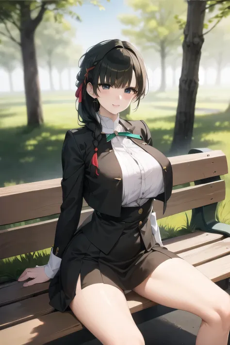 A woman with a lovely smile， Black Haired Woman，please draw more delicately，Can you draw them sitting on a bench in a park with a forest and relaxing？，,business suit，tight miniskirt，uniform ,white scarf，high heels，,don't trim Faces are very important becau...