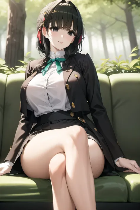 A woman with a lovely smile， Black Haired Woman，Please draw more delicately，Can you draw them sitting on a bench in a park with a forest and relaxing？，,business suit，tight miniskirt，uniform ,white scarf，high heels，,表情を最優先するのでFaces are very importantトリミングしな...