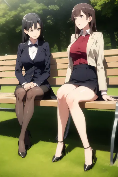 A woman with a lovely smile， Black Haired Woman，Please draw more delicately，can you draw them sitting on a bench in a park in the woods and relaxing？，,business suit，tight miniskirt，uniform ,white scarf，high heels，,表情を最優先するのでFaces are very importantトリミングしない...