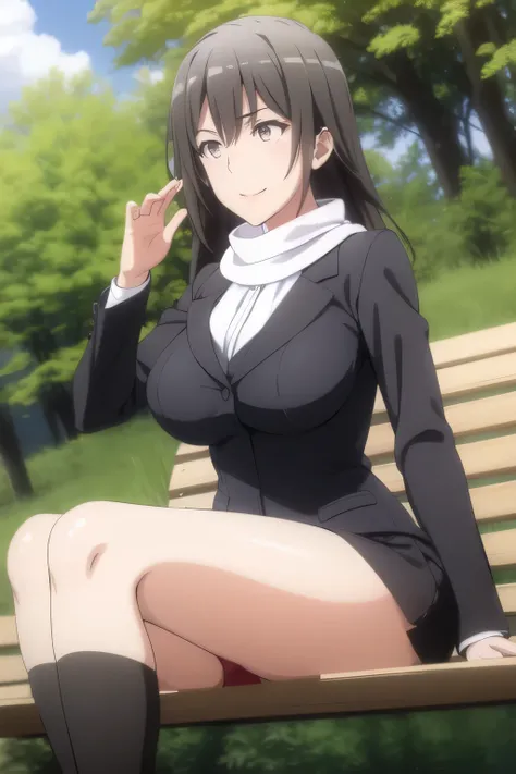 A woman with a lovely smile， Black Haired Woman，Please draw more delicately，can you draw me sitting on a bench and relaxing in a park in the woods？，,business suit，tight miniskirt，uniform ,white scarf，high heels，,表情を最優先するのでFaces are very importantトリミングしないでく...