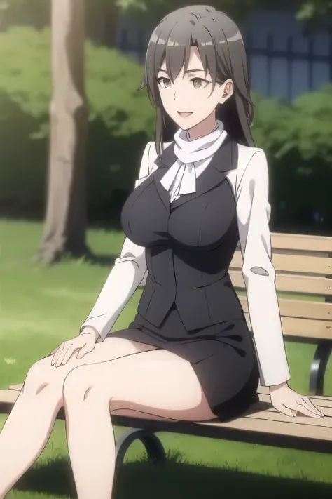 A woman with a lovely smile， Black Haired Woman，Please draw more delicately，Sitting on a park bench in the woodsリラックスしている私を描いてくれませんか？，,business suit，tight miniskirt，uniform ,white scarf，high heels，,表情を最優先するのでFaces are very importantトリミングしないでください，,，爆big bre...