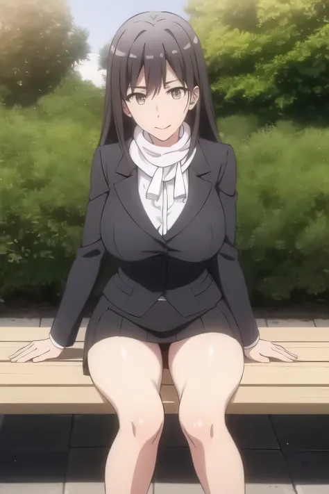 A woman with a lovely smile， Black Haired Woman，Please draw more delicately，Sitting on a park bench in the woodsリラックスしている私を描いてくれませんか？，,business suit，tight miniskirt，uniform ,white scarf，high heels，,表情を最優先するのでFaces are very importantトリミングしないでください，,，爆big boo...