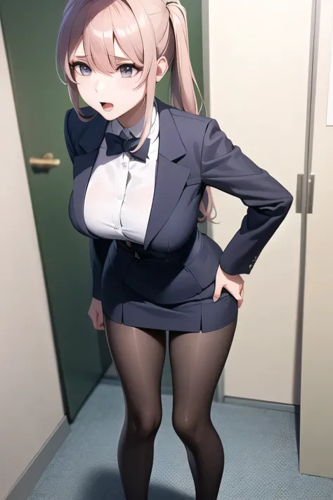 pink color of ponytail hair of woman，A woman in a formal suit，white blouse，tight skirt，high heels，can you draw a nice smile of a woman with a soft expression，In the office， Alone，of，Can you draw a，face is absolutely necessary，，（Please draw more delicately）...