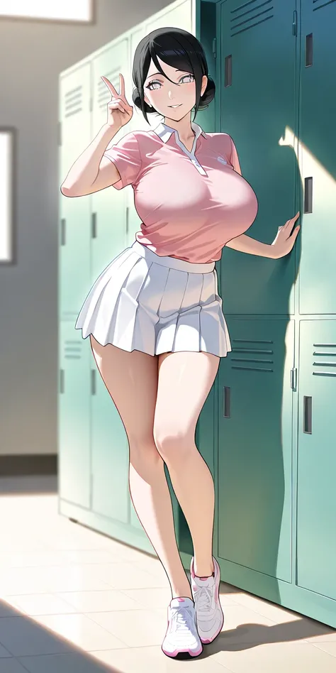 Masterpiece, elegant mature woman, Hinata\(boruto\), white eyes, parted lips, smile, high two bun hair, tall, perfect body, big breast, tennis uniform, pink t-shirts, white pleated mini skirt, full body, hand gestures V, locker room, dynamic lighting, ultr...