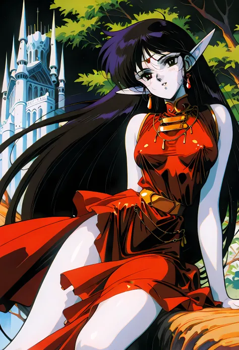 Rei Hino, black long hair, she has elven ears, intricate satin dress, sitting on a tree stomp,in a silver forest, huge silver trees, background silver elven castle, intricate architecture, Benisman, Benisman artstyle, Benisman Style, cel shading, high cont...
