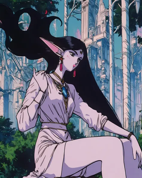Rei Hino, black long hair, she has elven ears, intricate satin dress, sitting on a tree stomp,in a silver forest, huge silver trees, background silver elven castle, intricate architecture, Benisman, Benisman artstyle, Benisman Style, cel shading, high cont...
