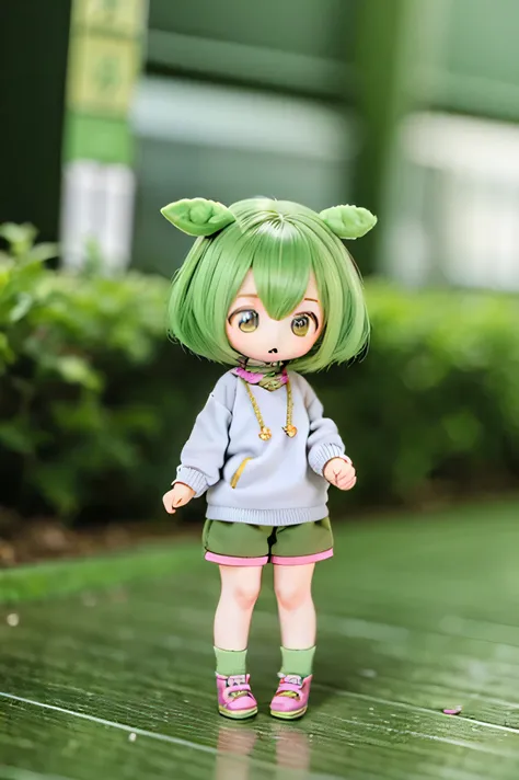 cute green-haired zundamon in playful pose, ( chibi), Detailed character designs around the city , Delicate Details , surreal , photorealistic , 8k, masterpiece , is h...