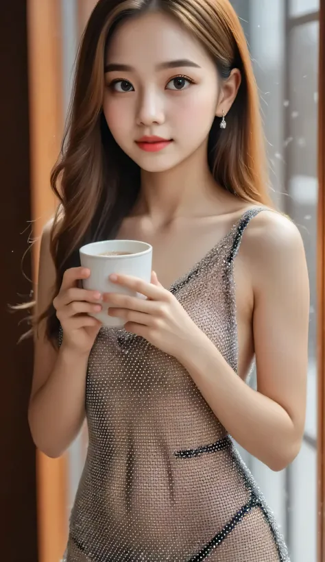 two pretty girls,  Japanese, parecen tener 11 años,  with beautiful princess faces , extremely thin and slender bodies, very long hair, wearing a silver halter neck bodycon dress adorned with sparkling crystals, tall white stockings, drinking hot chocolate...