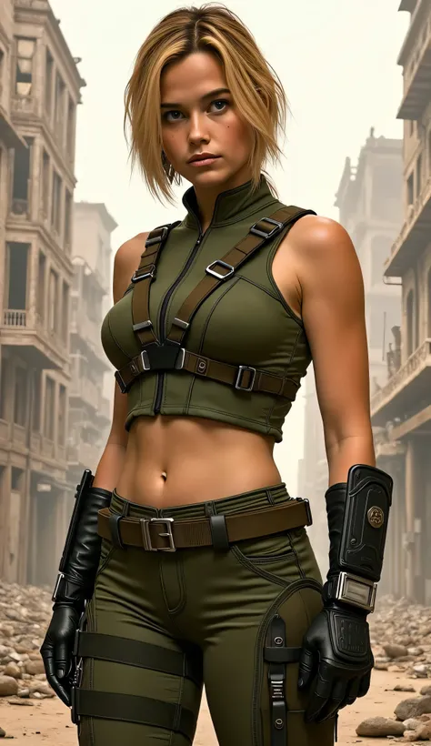 Sarah Catherine Hook as Sonya Blade, Mortal Kombat, realistic digital illustration, powerful and determined soldier, post-apocalyptic environment, stands confidently, in front of a war-torn cityscape, crumbling buildings, rubble, broken structures in the b...