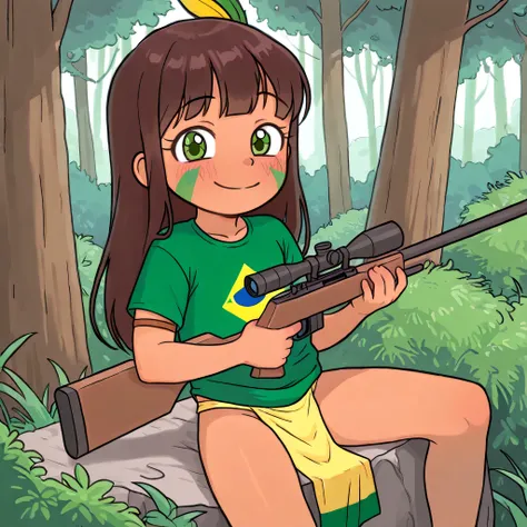 CASY8TAY, Forest, (solo, hambubufon, hambubufon 2, hambubufon 3, Best quality::2.5, artwork::2.5, Masterpiece::2.5, beautiful details, detailed eyes, eyelashes), (1loli, Young girl, kuruminha, Long shirt, Brazilian shirt, feather hair ornament, facepaint:1...