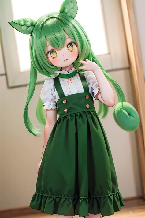 cute green-haired zundamon in playful pose, Exquisite Character Design , Delicate Details , surreal , photorealistic , 8k, masterpiece , is high resolution, bright color...