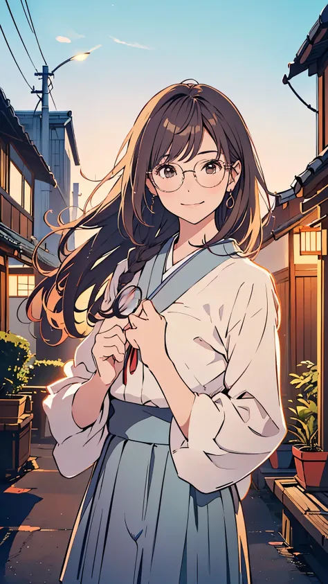 A tsundere girl standing on the rooftop at dusk, gently removing her glasses, soft and sincere smile, wind blowing her long hair, peaceful and emotional atmosphere, Japanese school uniform, warm color palette, cinematic anime lighting