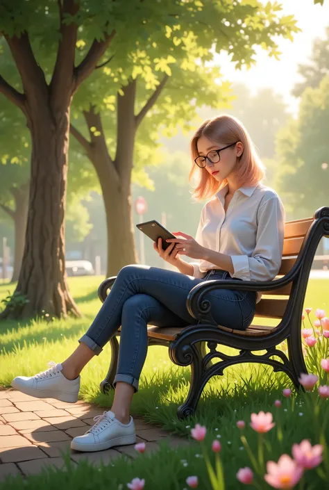 A nerd woman wearing glasses sits on a park bench in a CG Unity world. The scene is brightly lit with soft sunlight filtering through trees, casting gentle shadows. She holds a tablet, engrossed in a game. The bench is surrounded by lush greenery, with flo...