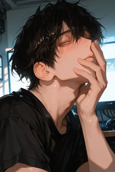 face, portrait, face focus, turned away, (looking over shoulder), blushing, flustered expression, hand over mouth, looking at viewer, closed mouth, 1boy, (femboy), mature, stiff posture, solo, pale, ((eyebags)), ((light blue eyes)), black hair, messy hair,...