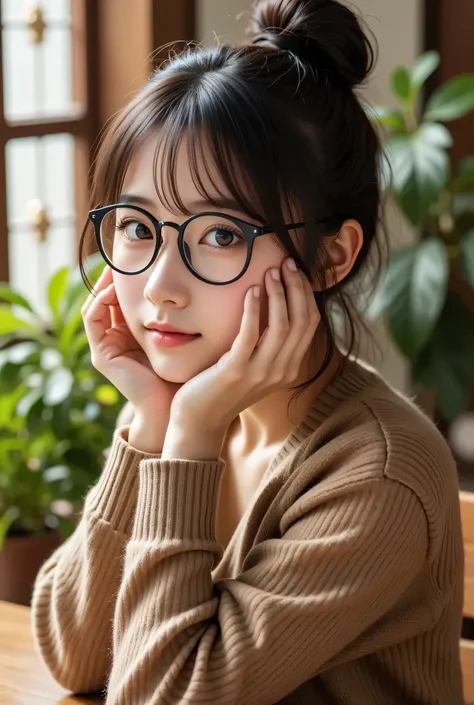 A young woman with dark hair wrapped in a bun、Women wear glasses, I'm sitting on my elbows, hands resting on her cheeks in a relaxed position. She enhances the calm and meditative mood of the scene, suggests a casual, cozy space. in the background 、green々...
