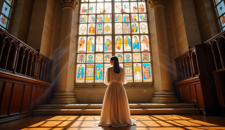 documentary photo, photo-realistic, dramatic scene, 1 girl\(Japanese cute girl, famous Japanese idol, young beautiful Catholic nun, nsfw,navel,naked, standing, smile\), standing in front of the grand stained glass window, intricate design, vibrant colors, ...