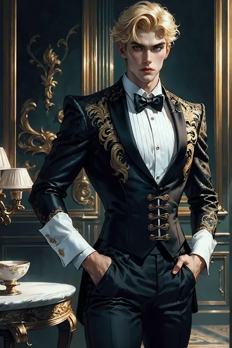 Best quality, masterpiece, very detailed, HD, gorgeous man, short blonde hair, (solo), realistic, sexy physique, movie, Parisian man, dapper man, (male focus), lace-up corset, pants, cane, costume party, 8k